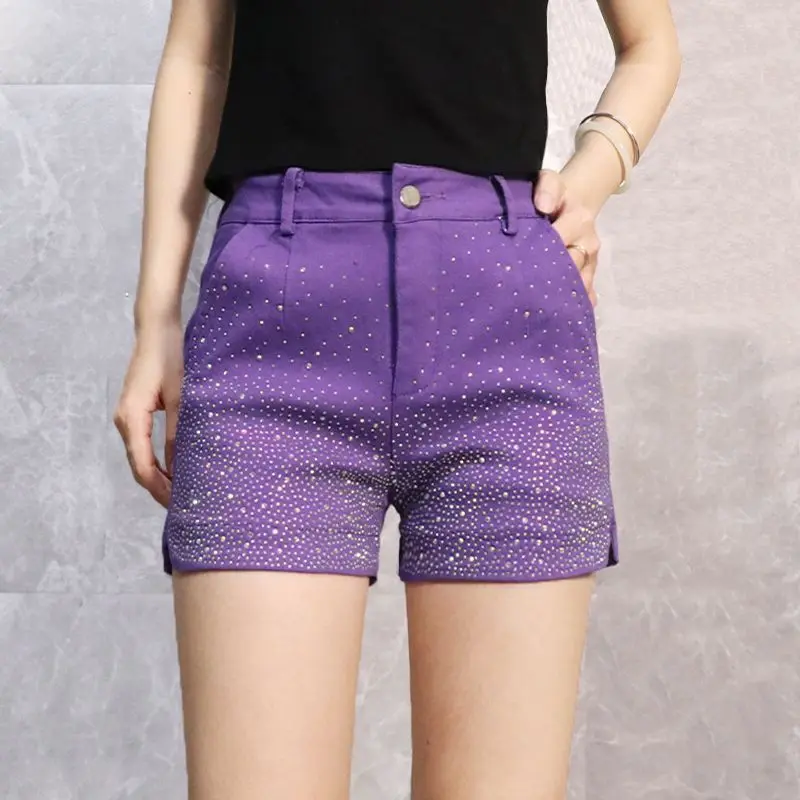 Korean Version Women 2025 Summer Diamond Denim Shorts with Broken Holes and Wide Legs Hot Pants New High Waist Jean Shorts A616