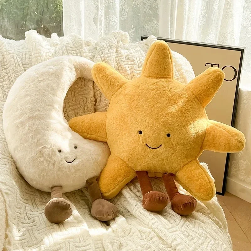 Adorable Smile Face White Moon Yellow Sun Plushie Stuffed Cute Cartoon Weather Plush Toy for Kid Bedroom Decor Sofa Throw Pillow