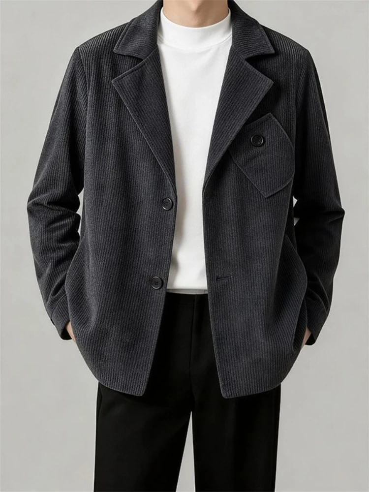 

2026 Men's Corduroy Blazer Vintage Urban Style Spring Summer Lightweight Casual Suit Jacket Loose Fit Male Outerwear