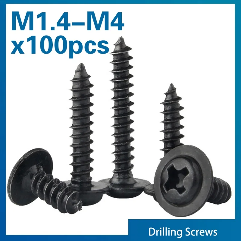 100pcs/lot Black Self-tapping Screw Pan Head PWA Cross Round Head With Washer Cushion M1.4 M1.7 M2 M2.3 M2. 6 M3 M3.5 M4