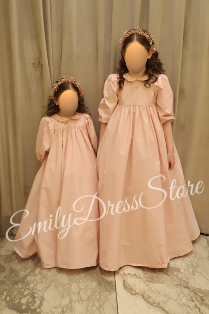 

Customized Bridesmaid Flower Girl Dress For Wedding 3/4 Sleeves Pink High Waist Satin Birthday Party Gowns First Communion Dress