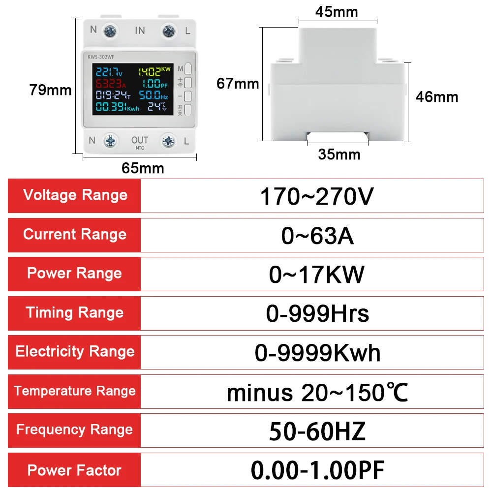 Tuya WiFi Smart AC 220V 63A Power Meter 8in1 Color Screen Multi-function Energy Power Voltage Amps Watt Meter Remotely Control