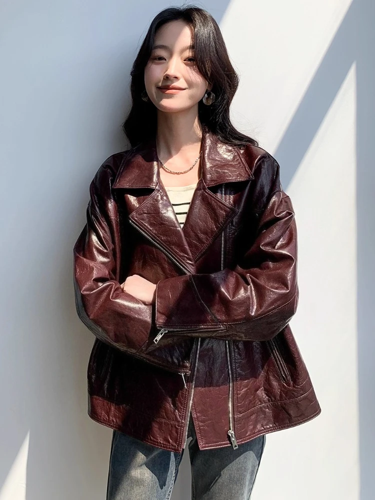 Vestes de moto décontractées en cuir véritable pour femmes, manteau haut de gamme, Simple, ample, cire d'huile douce, en peau de chèvre véritable, printemps automne