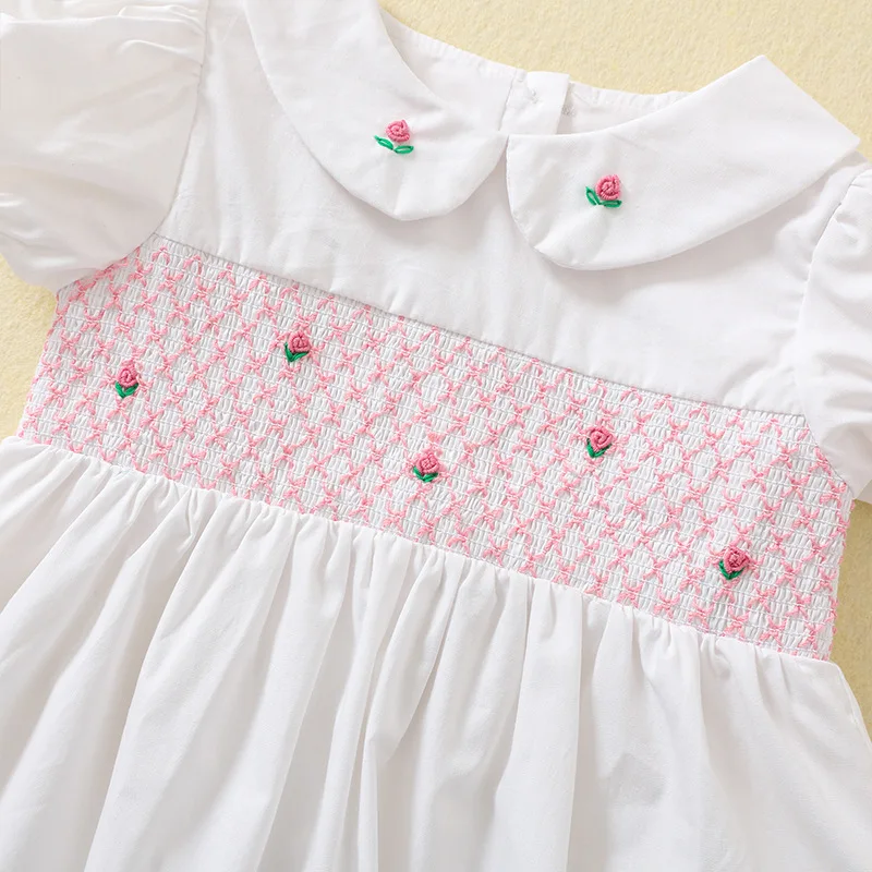 2024 Clibeso Boutique Design Handmade Embroidery Summer Dress for Baby Girls Kids Vintage Smocked White Dresses Children Outfits