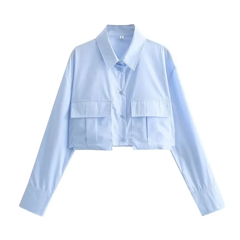 2024 Women Solid White Blouse Long Sleeve With Pocket Casual Loose Chic Tops Office Lady Fashion Basic Versatile Shirt