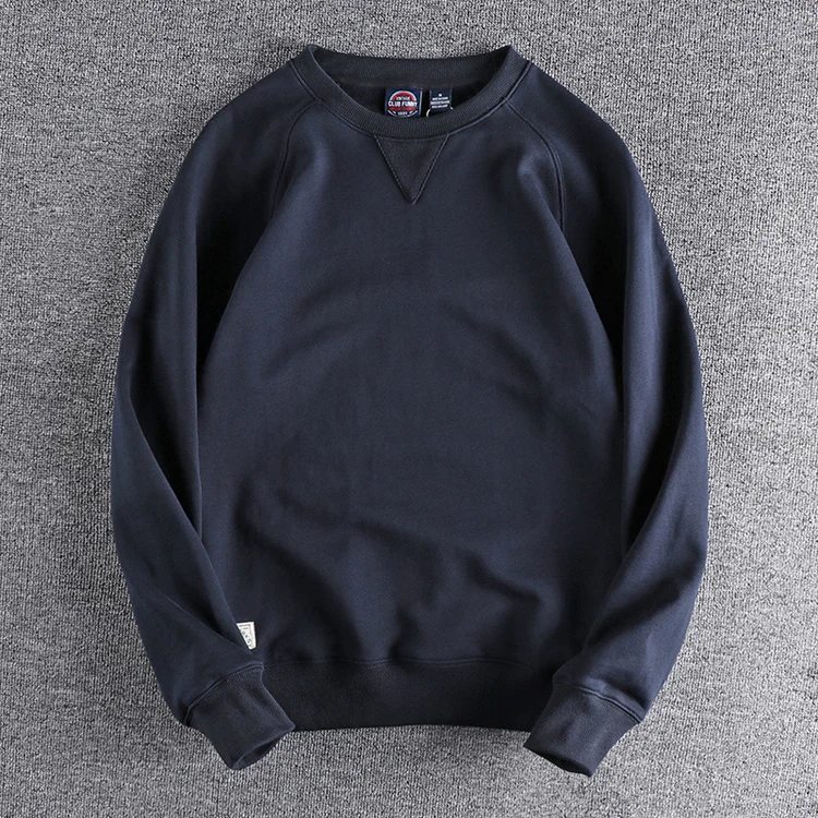 1561# Spring Autumn New 360g American Retro Solid Color Sweatshirts Men's Simple 100% Cotton Washed Pullover Casual Sportwear