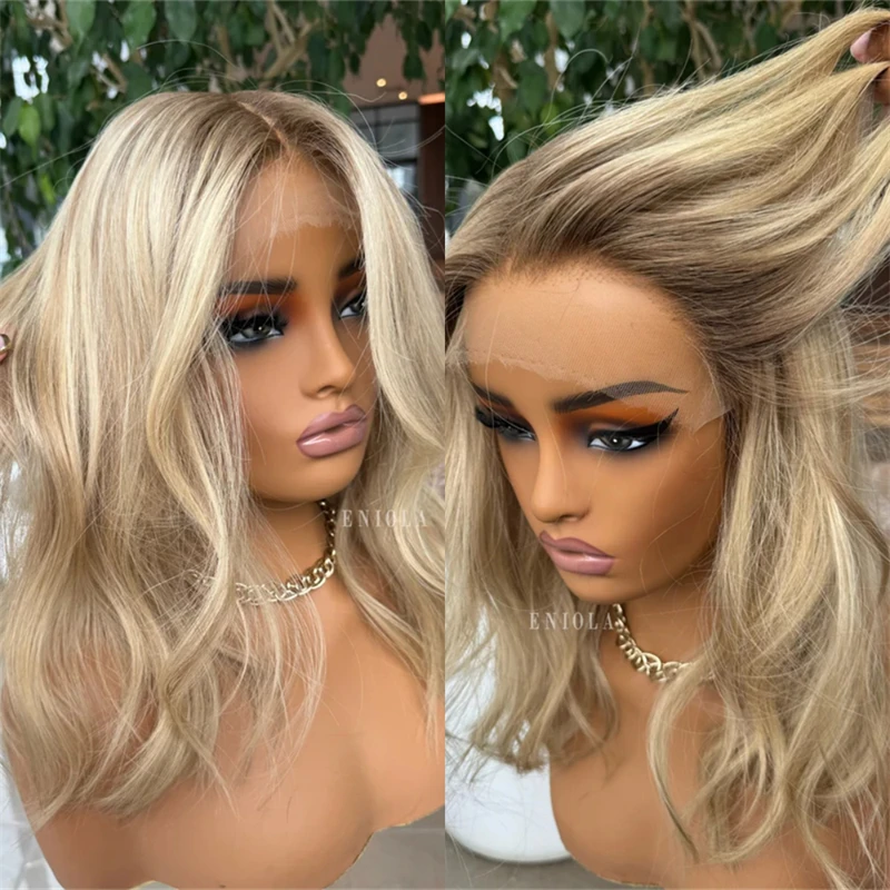 

Glueless Natural Wave Wig 13x4 Middle Part Ombre Blonde Balayage Luxury Synthetic Lace Front Wig Ash Brown Roots Short Wave Wig
