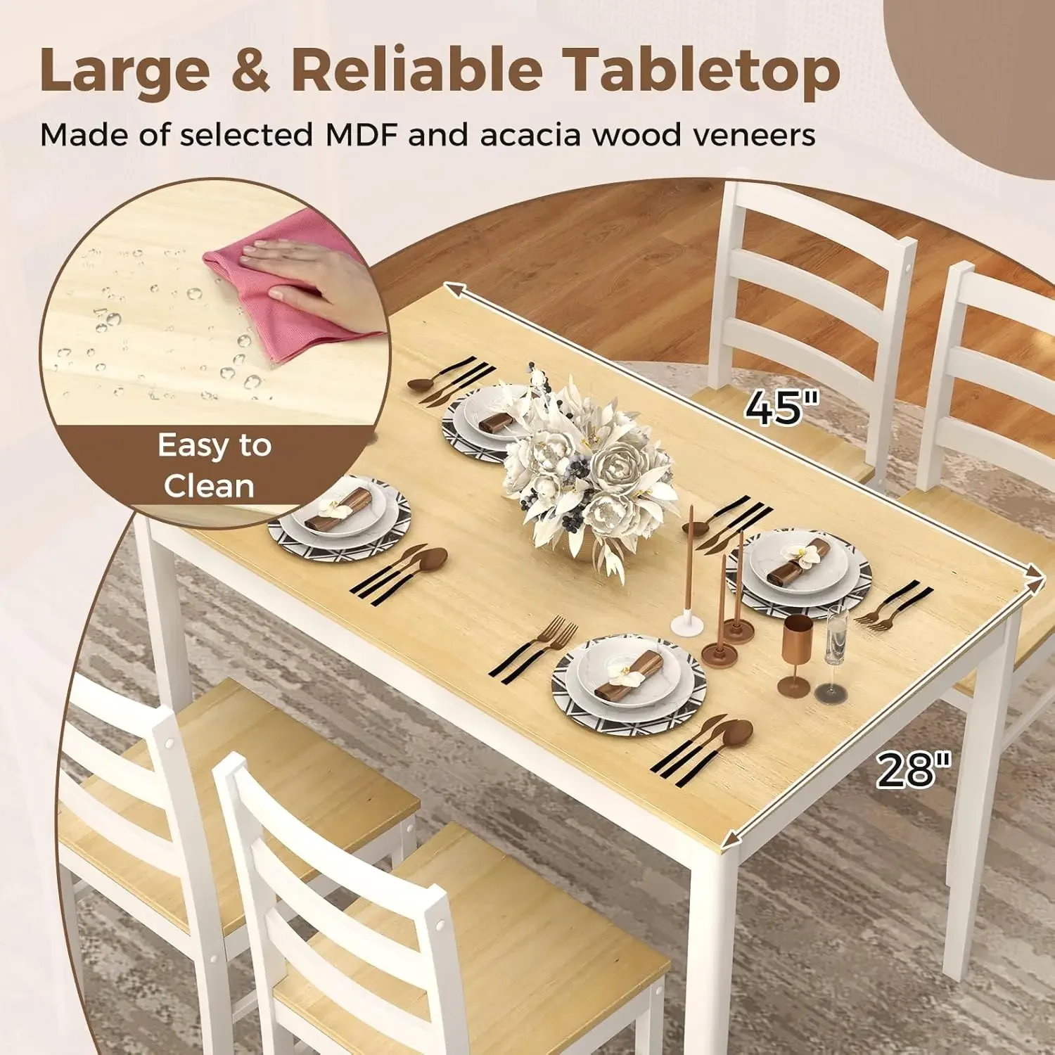 Wood Kitchen Table Chairs Set with Rubber Wood Legs, Space-Saving Design