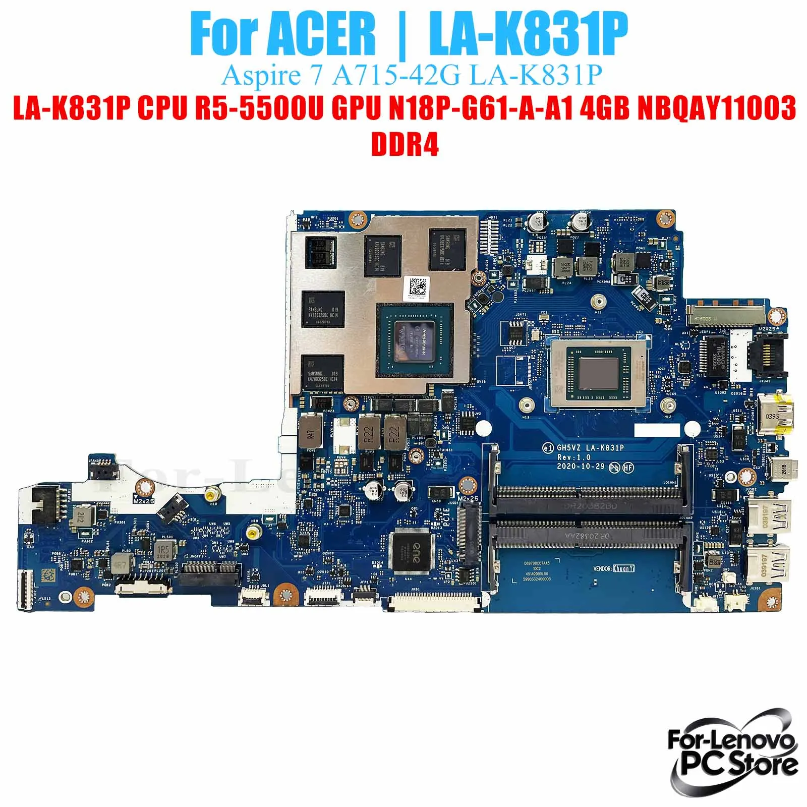 

LA-K831P For ACER Aspire A715-42G LA-K831P Mainboard 100% Tested Laptop Mainboard