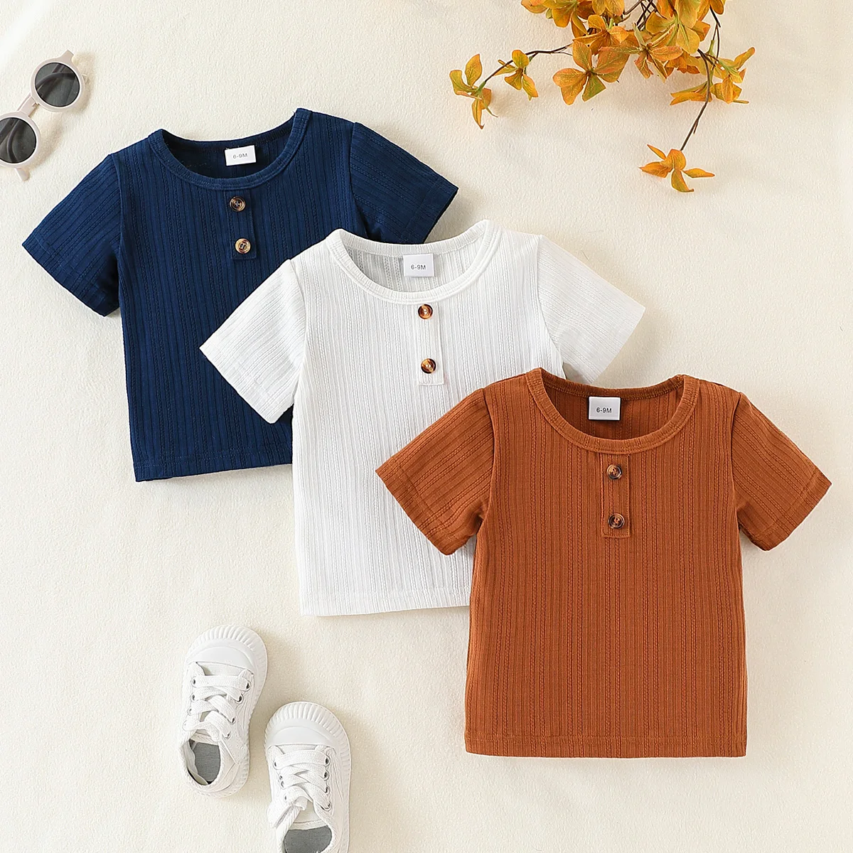 

3-piece combination set for baby boys' casual breathable texture knitted button decoration round neck top, summer