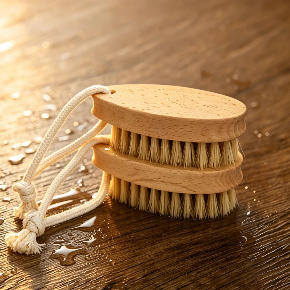 Multi-Use Fingernail Scrub Brush, Pig Bristle Nail Cleaner with Beech Wood Handle and Hanging Storage Rope