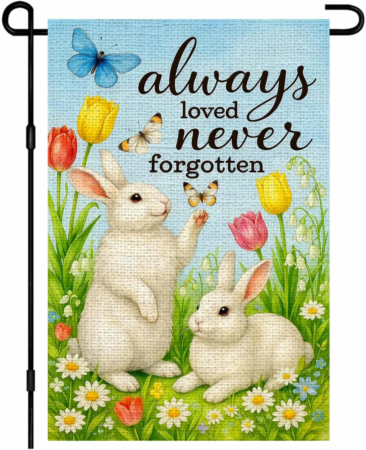 IVN Happy Easter Garden Flag 12 x 18 Inch Double Sided Burlap Bunny Flags Always Loved Never Forgotten Bunnies with Tulips S ZZM