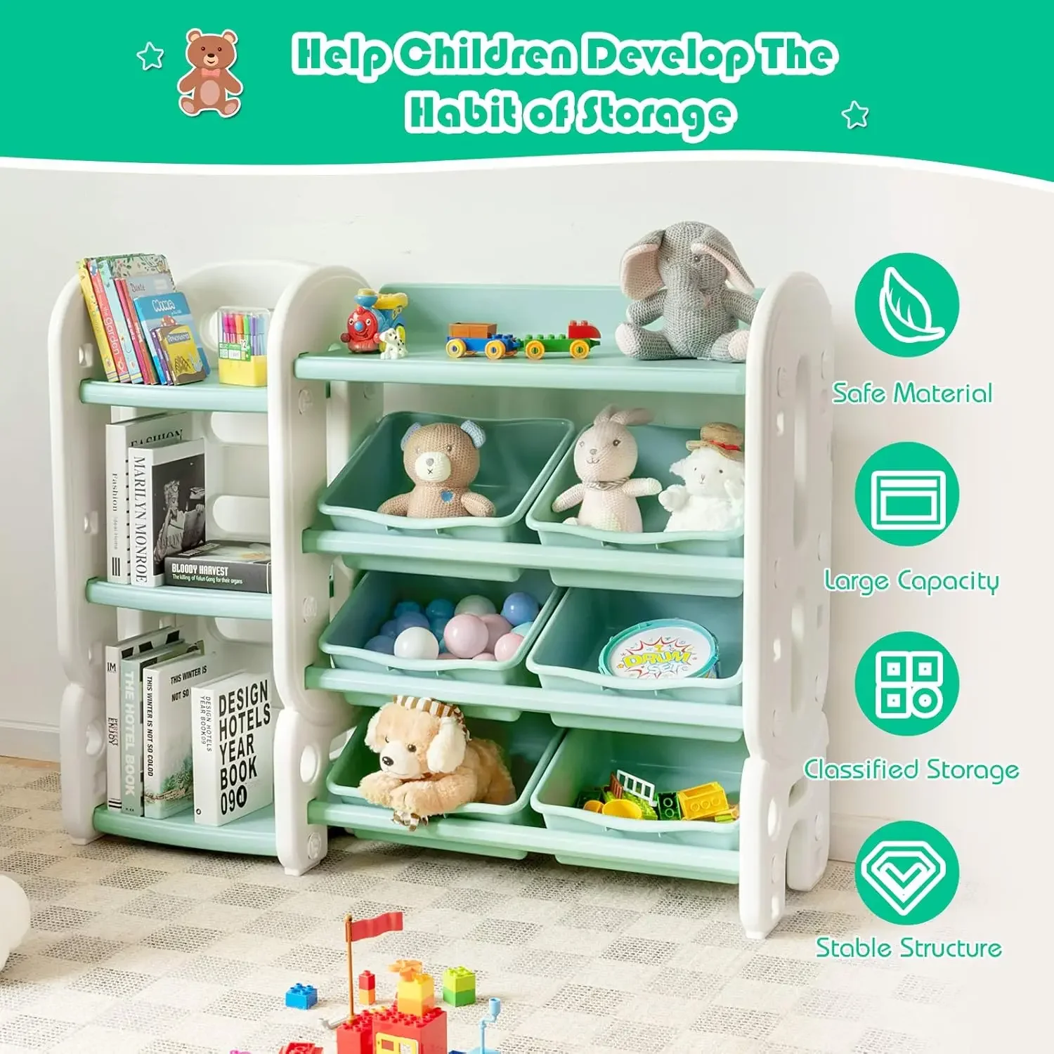 Kids Bookshelf with Toy Organizers and Storage, Multi-Purpose 4-Tier Shelf & 6 Removable Plastic Bins to Organize Books