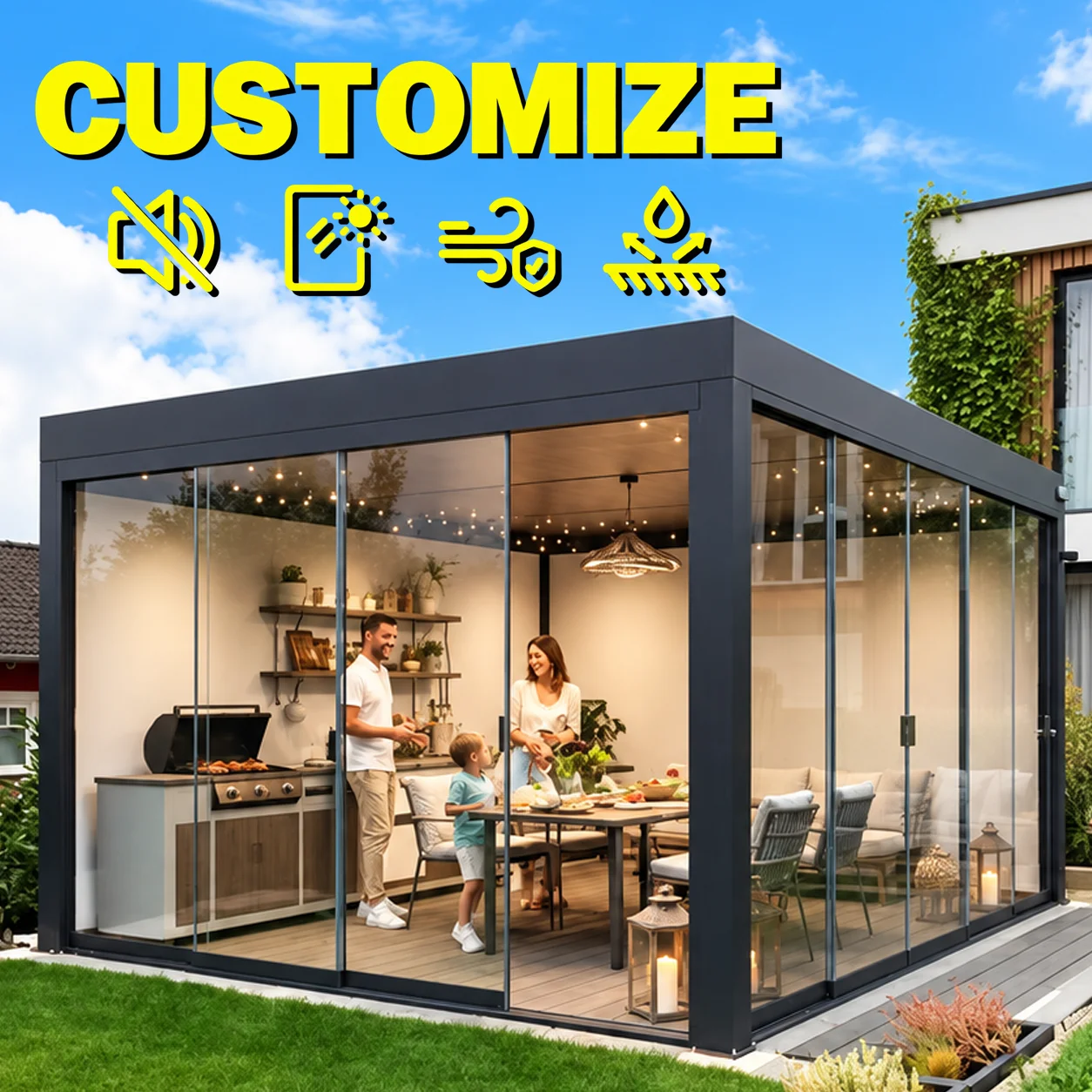 Any Size Custom Multi Function Glass Sunroom Aluminum Structure Outdoor Patio Enclosure LED Light Available Four Season Room Ext