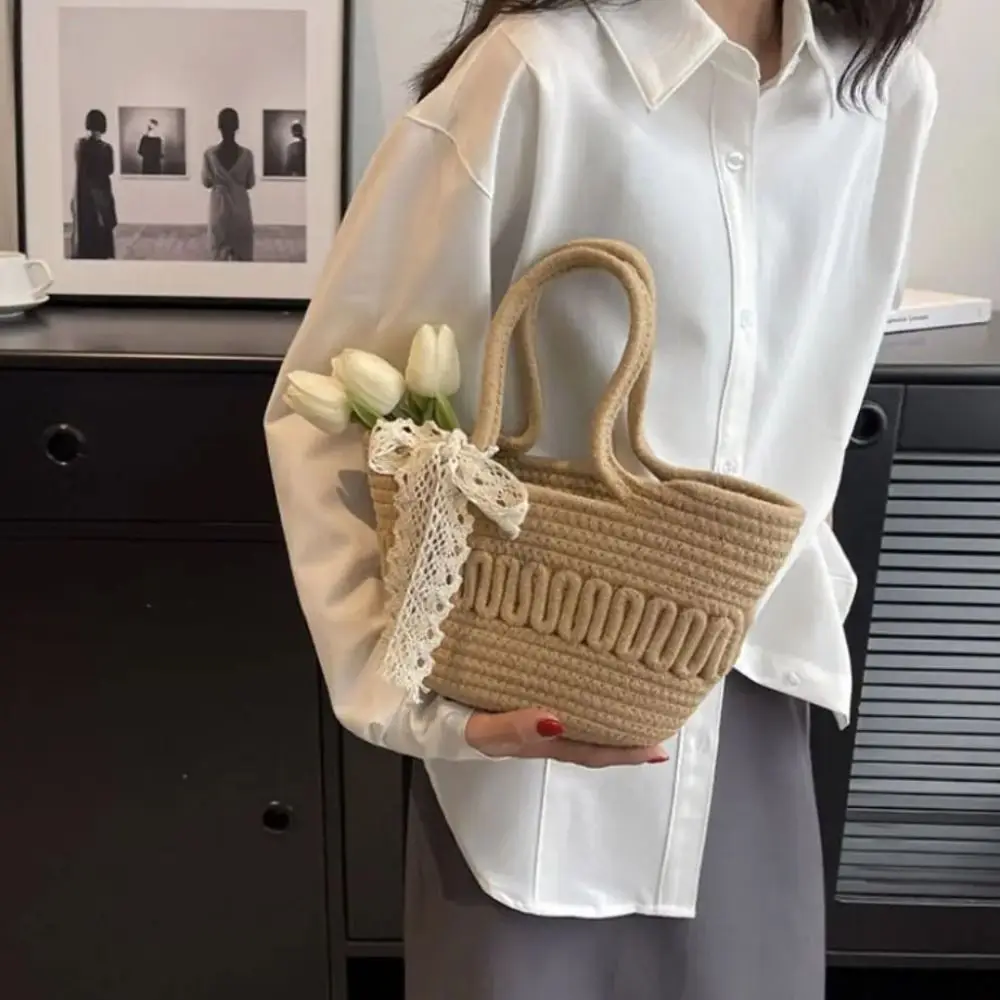 

Cotton Hand Woven Straw Handbag Large Capacity Handmade Holiday Beach Bag Korean Style Minimalist Hand-woven Bag Mobile Phone