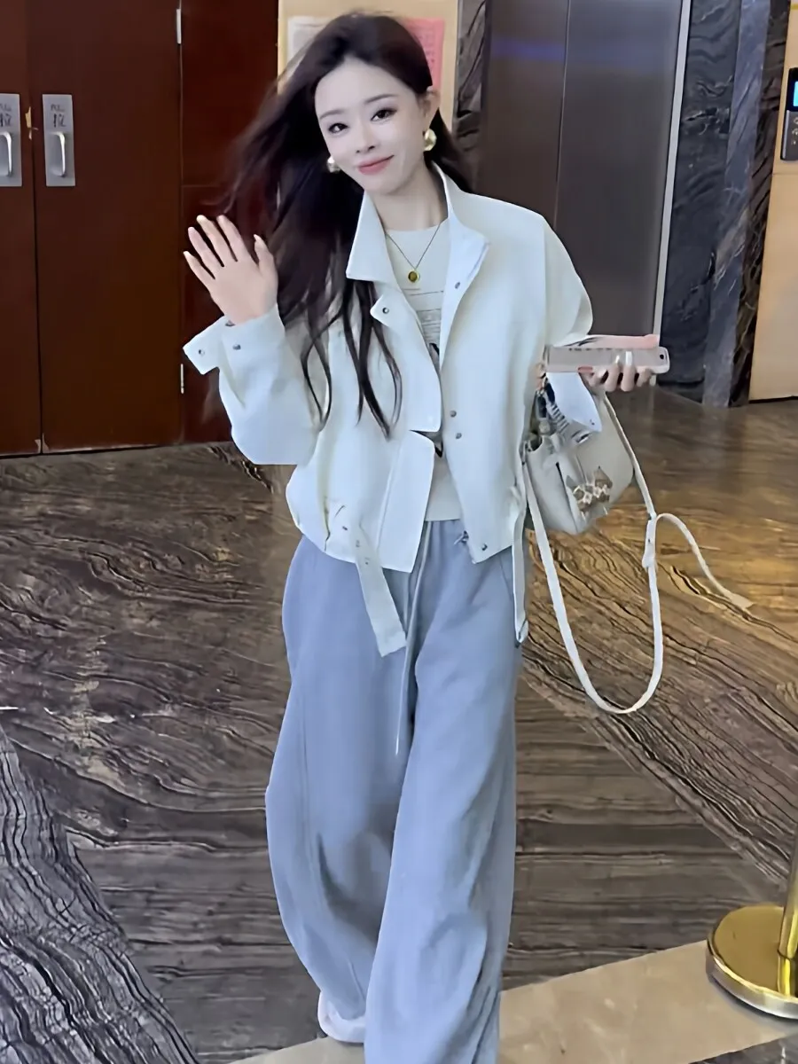 

Стильная женская короткая куртка-ветровка в повседневном стиле с воротником-стойкой, приталенная, для весны и осени, маленький размер, модная