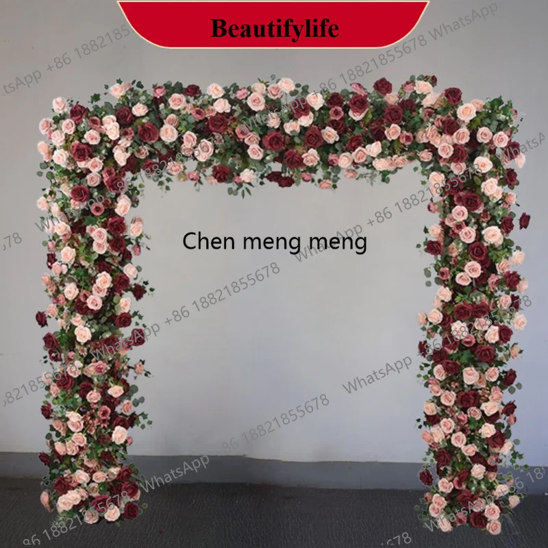

z183 Burgundy Pink Rose Green Eucalyptus Leaves Floral Row Arrangement Wedding Backdrop Arch Frame Decor Event Stage Flower prop