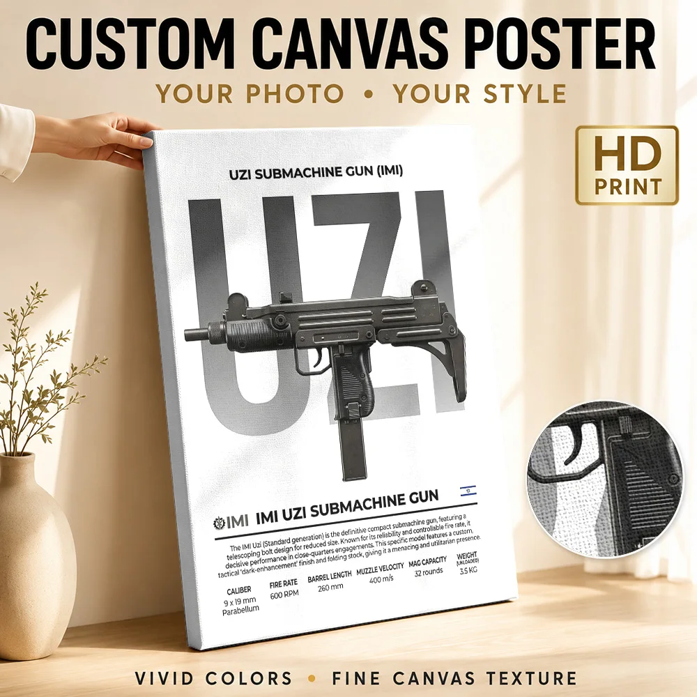 Black Uzi Submachine Gun Technical Canvas Print Poster Personalized Photo Gallery Aesthetic Wall Art Office Decor Veteran Gift