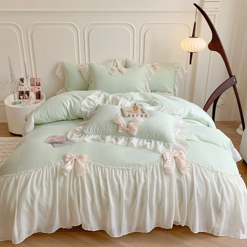 

Romantic Princess Bedding Set Korean Style Lace Bow Ruffles Green Duvet Cover Bed Sheet Pillowcases Solid Color Home Textile