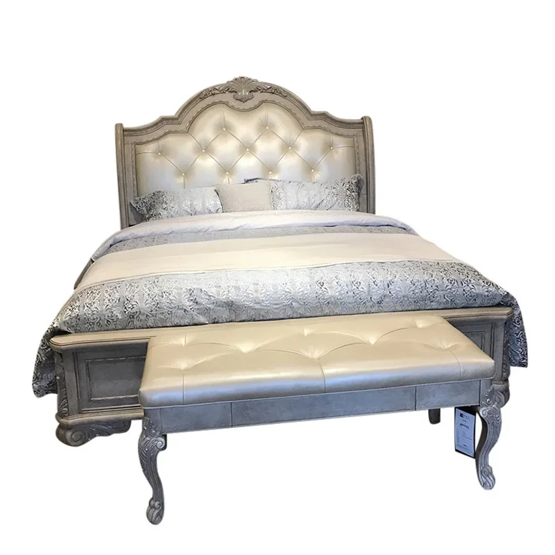 

American bed light luxury solid wood bed, French rural retro old gray building revival double bed