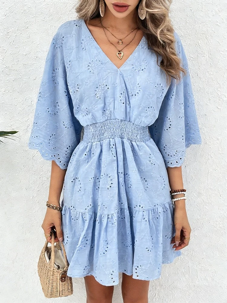 Women's Yellow V-Neck Half Sleeve Dress Eyelet Embroidery Smocked Waist Ruffle Short Dressl Summer Beach Vacation Party Dress