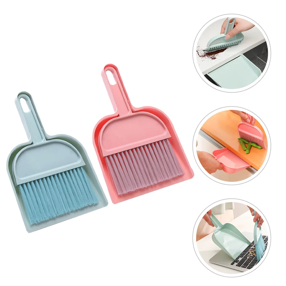 2 Set Mini Portable Desktop Cleaning Dustpan and Broom Sets (Blue + Pink) Hand for Cleaner Tiny Cleanning Whisk Brush Child