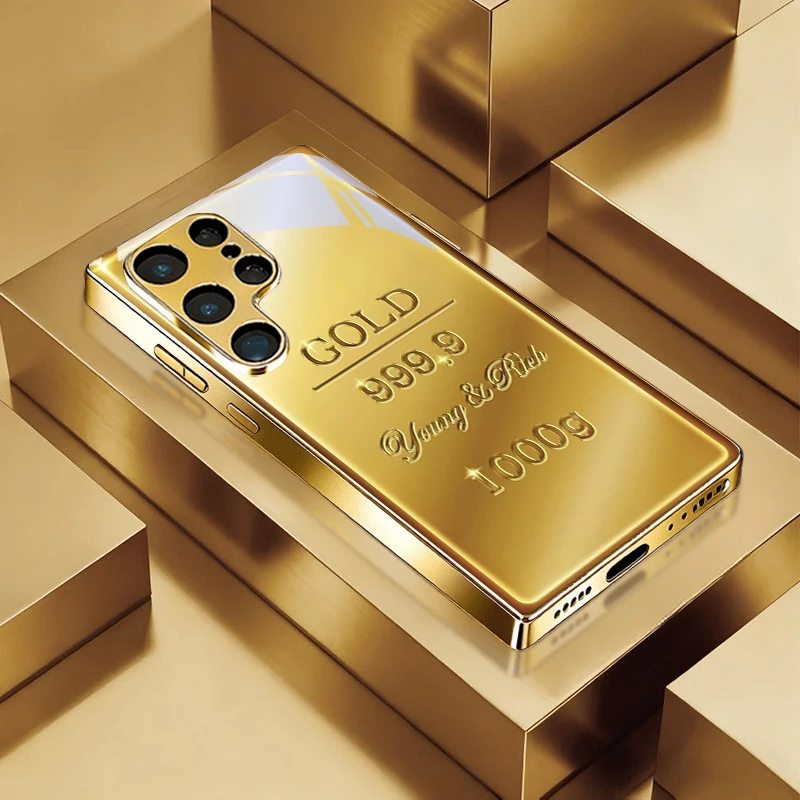 Luxury Gold Bar Golden Phone Case For Samsung A50/A51/A52/A53/A54/A55/A56/A57/A71/A72/A73/A31/A32/A34/A36/A37/A30s Glass Cover