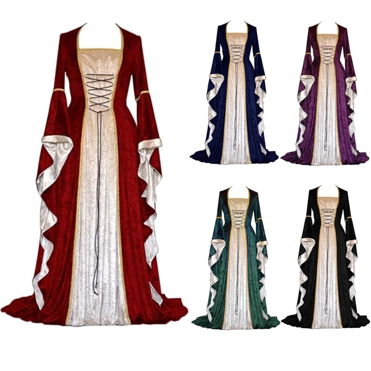 Halloween Samtkleid mit Glockenärmeln: Mittelalterliches Europäisches Hofkleid & Vintage-Performance-Kostüm