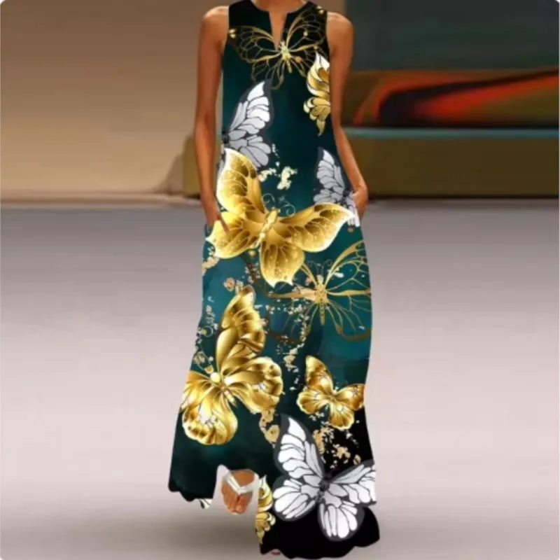 

Women's sexy, elegant and fashionable dress with V-neck pullover sleeveless personalized printed dress women's summer new style