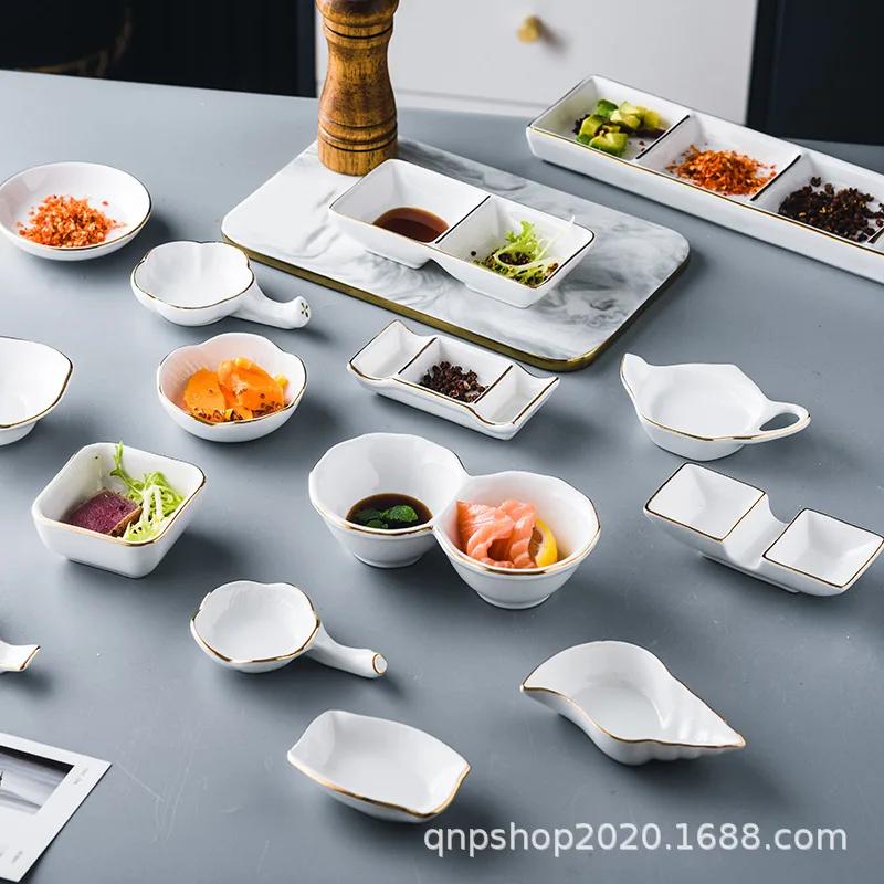 

Luxury Chinese Ceramic Seasoning Dish, Salt Dish, White Gold Border Household Commercial Catering Hot Pot Seasoning Dipping Dish