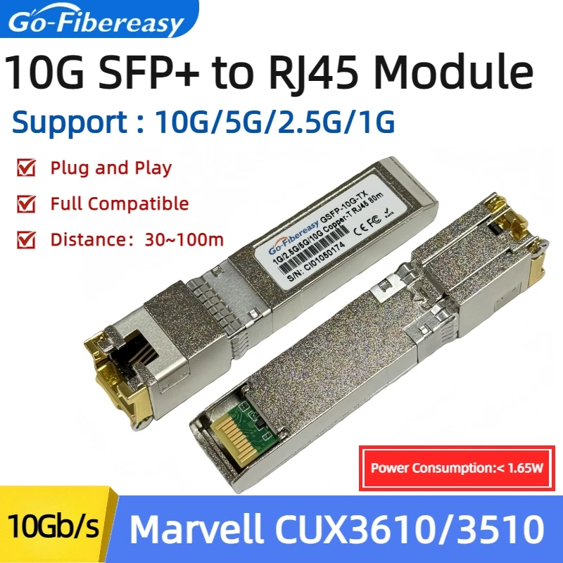 

Модуль SFP 10Gb RJ45 для оптоволокна, 30м, 80м, 100м, 1.25/2.5/5/10G SFP+ в RJ-45 10GBase-T трансивер для коммутаторов Cisco/Mikrotik/DELL/Intel