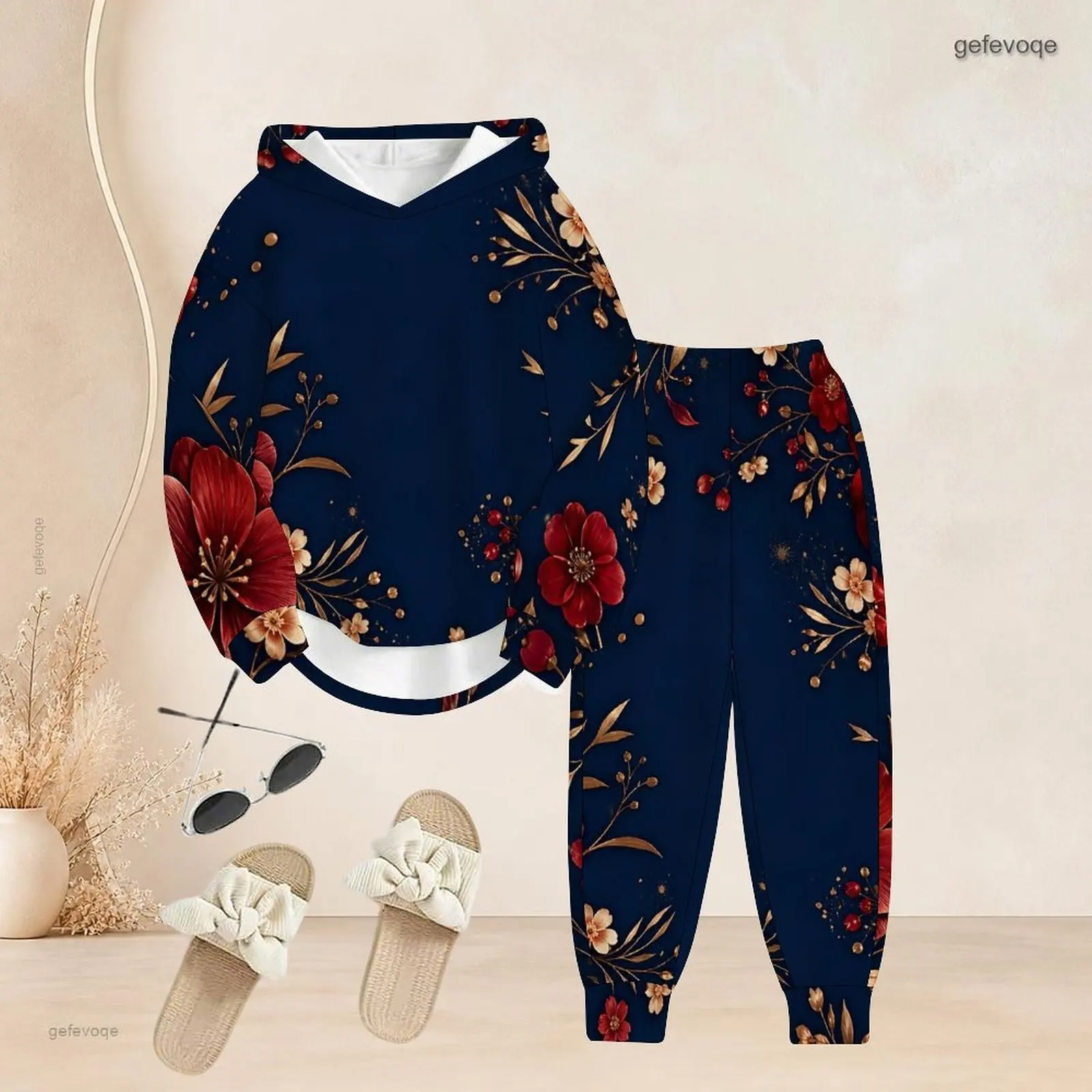 Women Long Sleeve Hooded Top Cuffed Pants Two Piece Printed Pants Set
