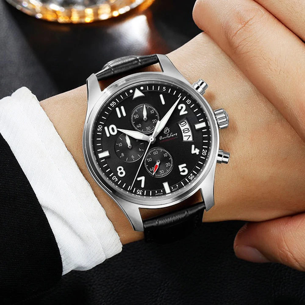 Pilot Chronograph Watch Men Military Watches 41mm Japan VK67 FS10 Chrono Quartz Wristwatches Air Force Luminous Clock BAOLILONG