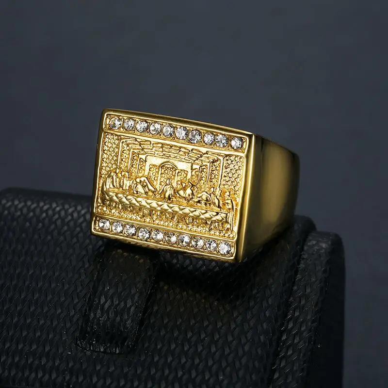 Stainless Steel Titanium the Last Supper Dinner Painting Luxury Gold Plated Hip Hop Square Rings for Men Women Gift Jewelry