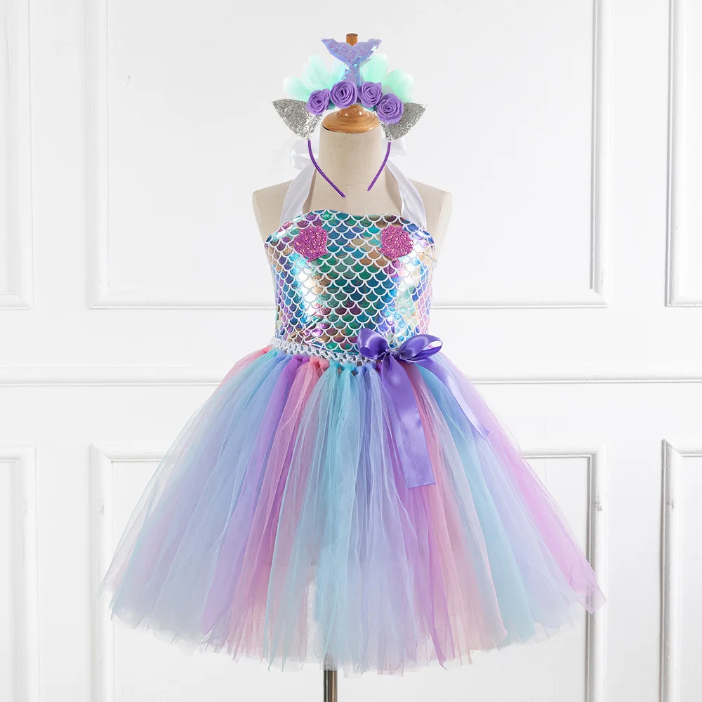 Kids Girls Cosplay Party Dress Princess Dress Up Mermaid Tulle Tutu Dresses Theme Birthday Party Costume with Flower Headband