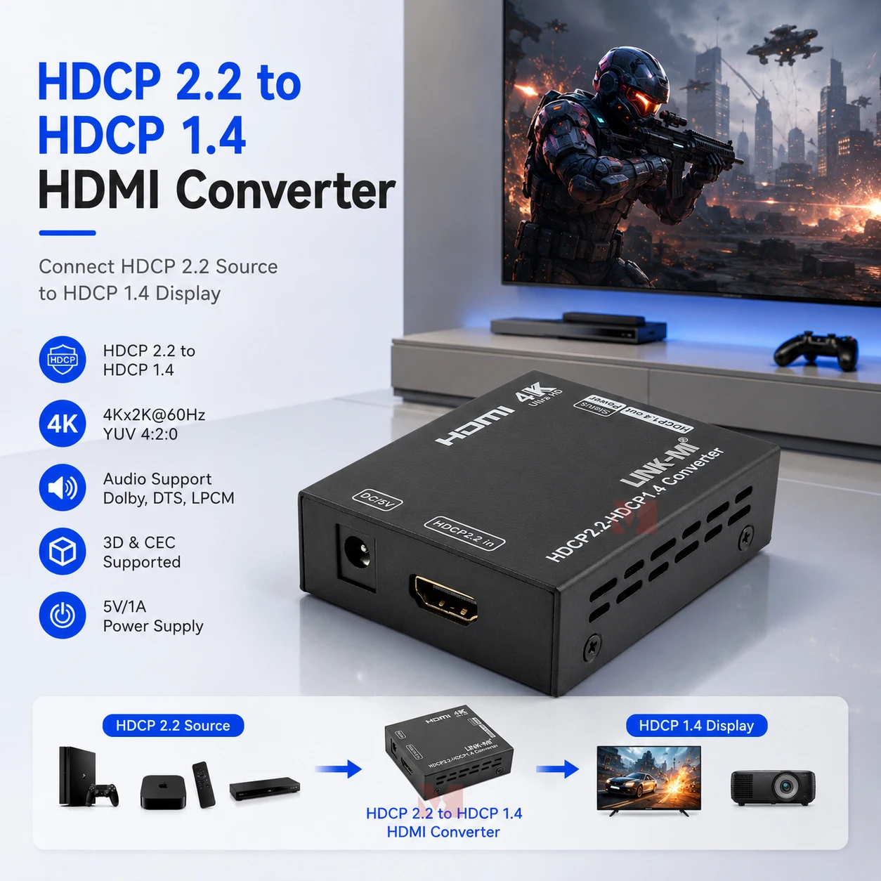 HDCP2.2 to 1.4 Converter link mi HDMI to HDMI YUV 4:2:0 UHD 4Kx2K Video Format Up to 1080p/4K /3D Video HDCP 2.2 to HDCP 1.4