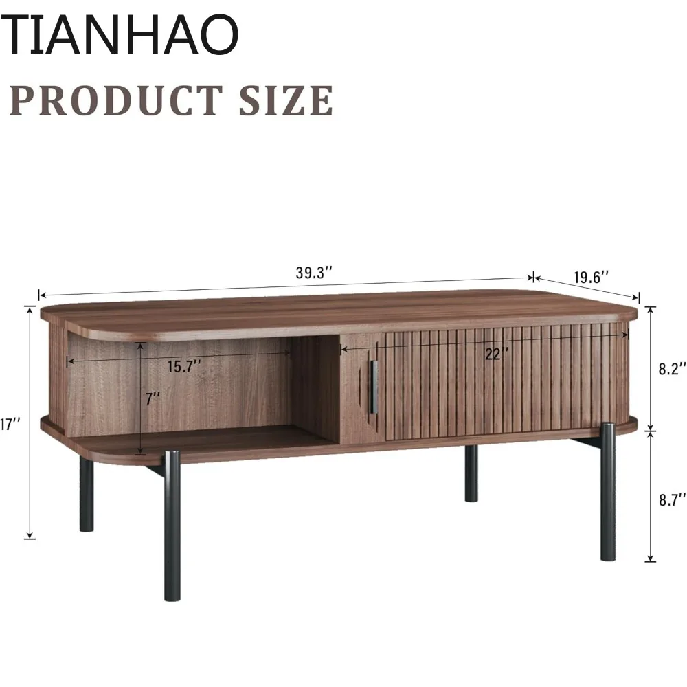 Coffee Table, 39.4 Mid Century Modern Coffee Tables for Living Room, Coffee Table with Storage Open Shelf, Fluted Table