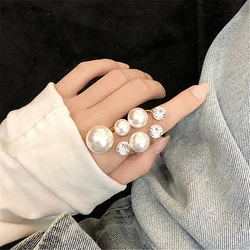 HUANZHI Gold Color Zircon Pearl Irregular Opening Big Ring for Women Girls Fashion Exaggerated Finger Jewelry Gifts Wholesale