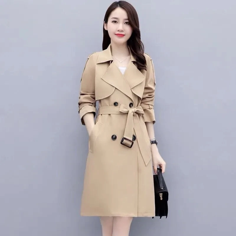 Moda Coreana das mulheres Lace Up Trench Coats, Double Breasted Primavera, Forrado Blusão, Elegante Comprimento Médio, Senhora do Escritório Casacos, 3XL