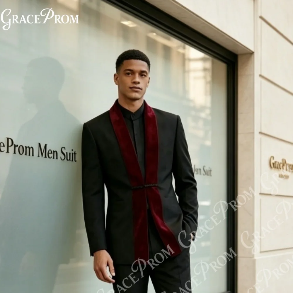 

Men Black Tuxedo 2pcs Set Burgundy Velvet Peak Lapel Blazer Slim Pants 2026 Waist Buckle Tailored Fit For Wedding Prom Party