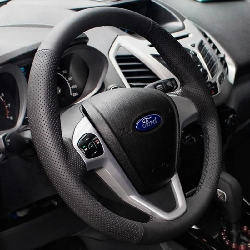 DIY Black Artificial Leather Hand-Sewn Car Steering Wheel Cover For Ford EcoSport 2014-2017 Carnival 2008-2017