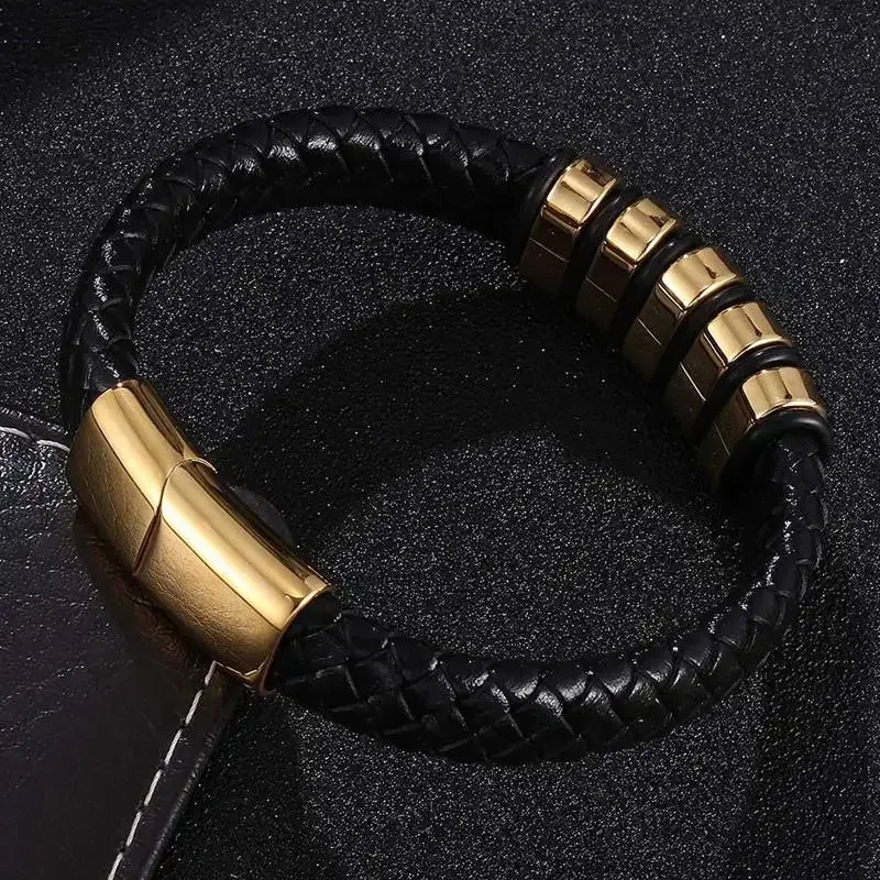 Perhiasan Punk gelang kepang kulit hitam pria gelang Magnet besi tahan karat gesper pria gelang indah hadiah pesta SP0776