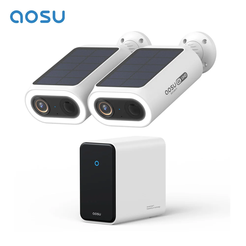 Système de caméra solaire AOSU 4K, kit 2 caméras, sans fil, extérieur, reconnaissance faciale AI, détection humaine, système de sécurité domestique HomeCortex