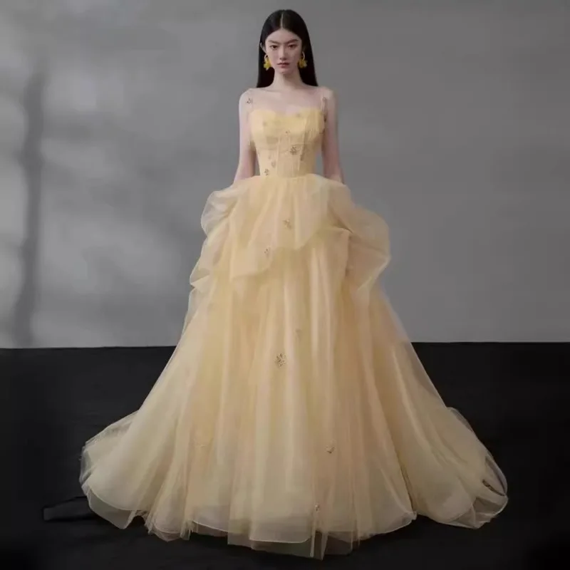 Vestido de noite amarelo para mulheres 2025, novo nicho de alta qualidade, vestido de casamento francês para adultos, princesa, formatura