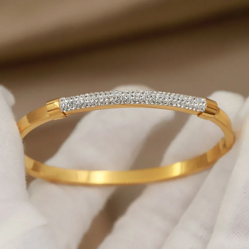 316L Classic Stainless Steel Metal Crystal Geometric Bracelet for Women Elegant Bangles Rust-proof Bangle Wrist Jewelry