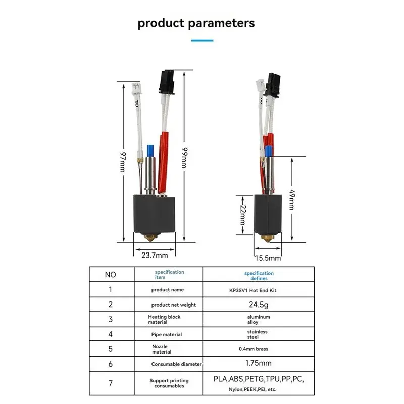 A23F-24V 60W Hotend Kit Thermistor Heater Throat For Kingroon KP3S V1 Extruder Hot End Kit 0.4Mm Brass Nozzle view 3