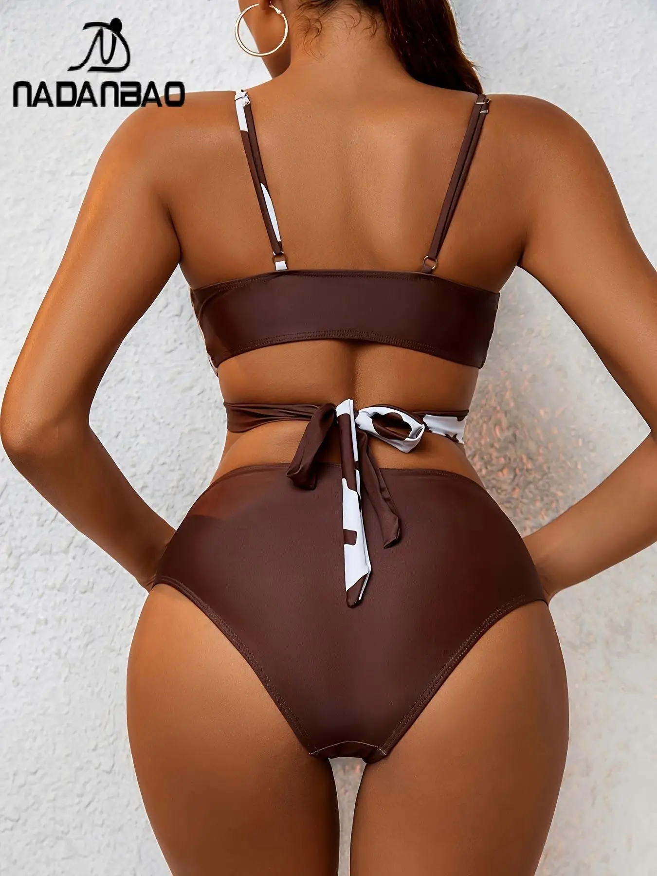 Nadanbao Sexy V-Neck Beach Bikini Set Swimsuits Women Holiday Backless Fashion Bikini Female Summer Patchwork Printing Swimwear