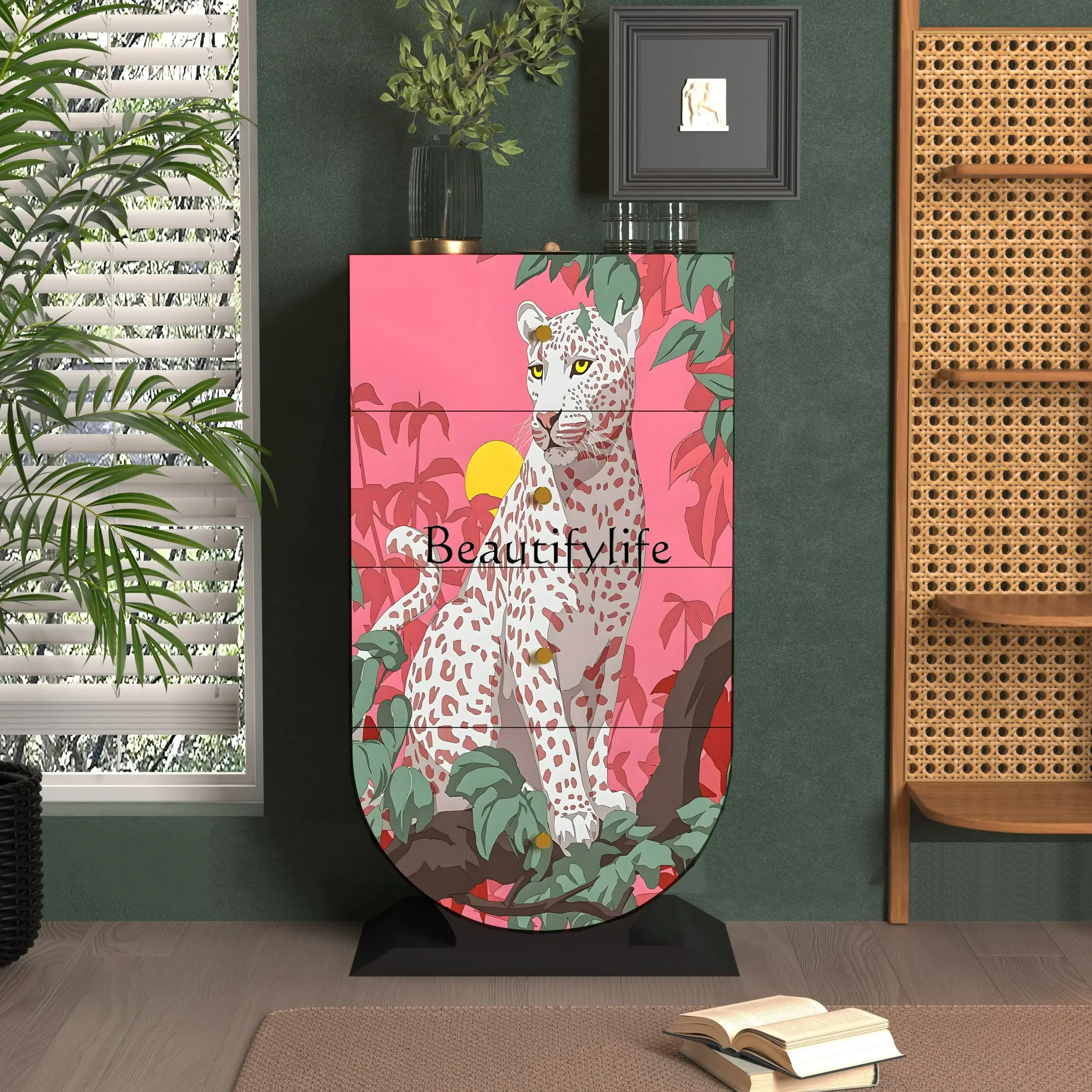 

ls 18Lacquered solid wood four-chest cabinet American home living room integrated storage locker against the wall