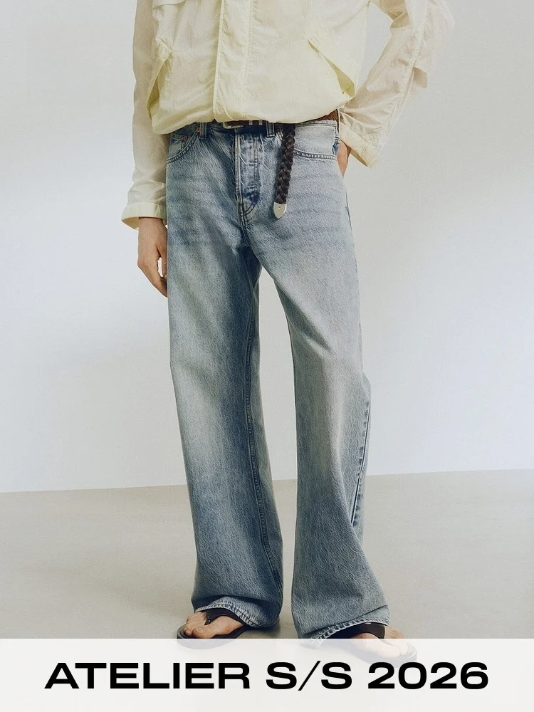 

Atelier HM Men's Casual Style Bell Bottom Jeans Summer New Fashionable Cotton Lenzing Fabric mid Waist Zipper Closure