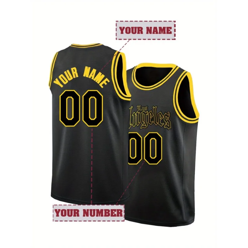 Men's Black Customized Name And Number Basketball Jersey, Sleeveless Customized LOS ANGELES Embroidered Tops For Outdoor Sports